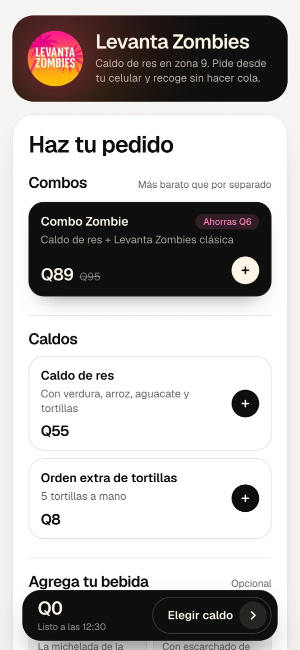 Levanta Zombies: Menú y pedido del cliente