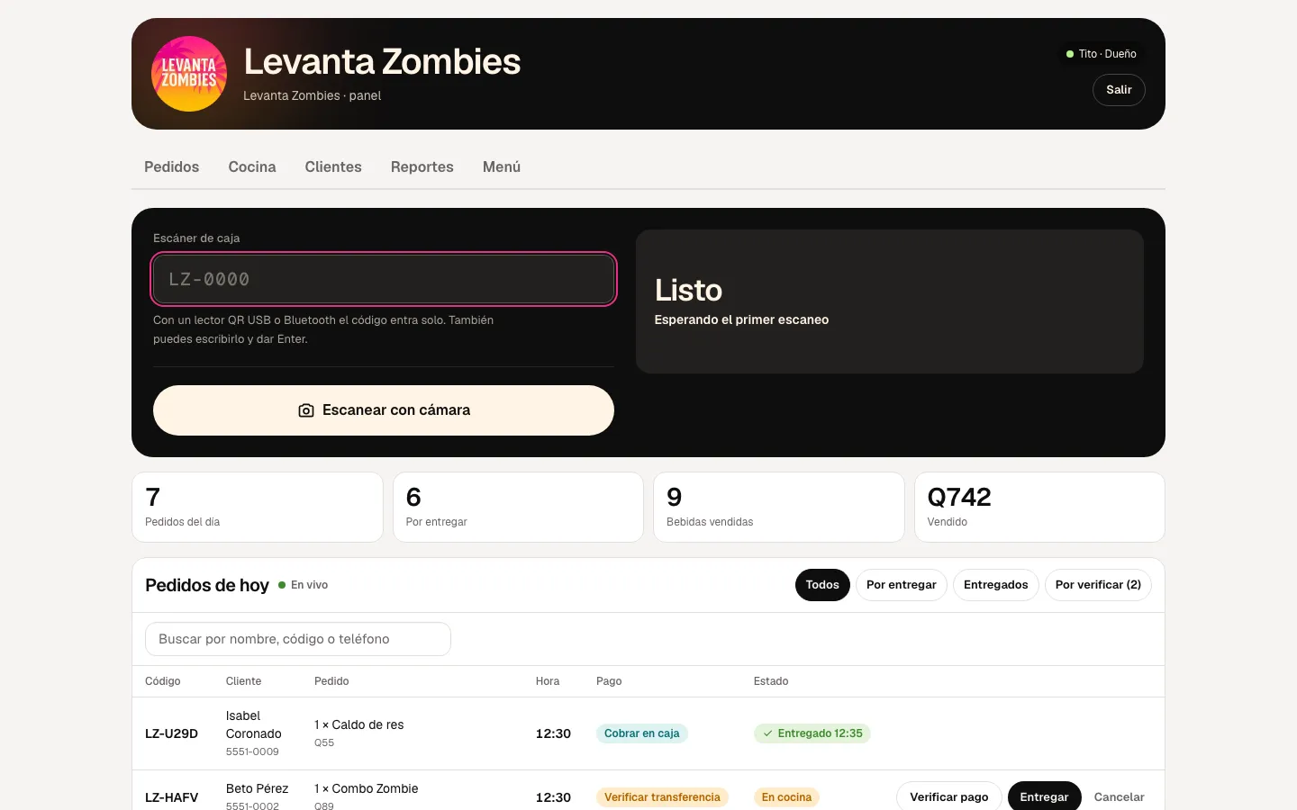 Panel de Levanta Zombies: Pedidos del día