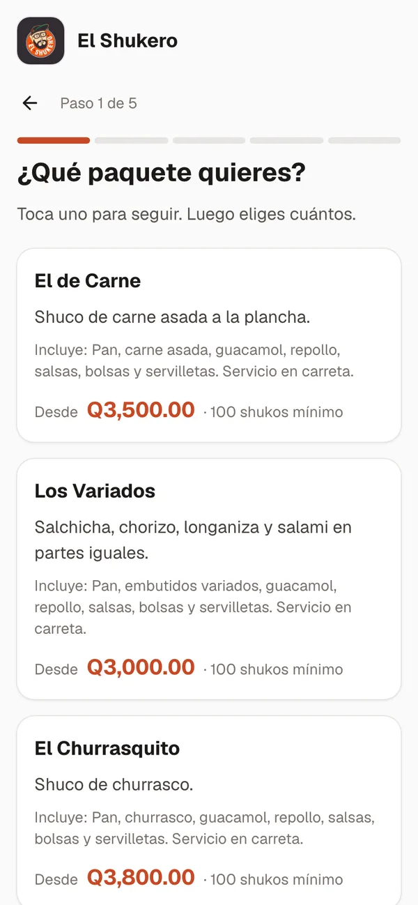 El Shukero: Elegir paquete