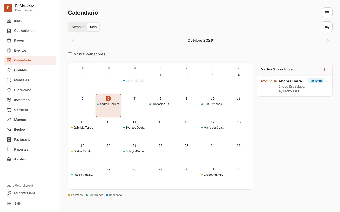 Panel de El Shukero: Calendario del mes